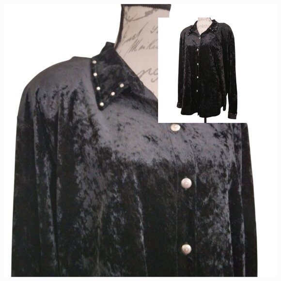 Stonebridge | Crushed Velvet Silver Button & Stud Shirt Black | Size 3X - Picture 1 of 10